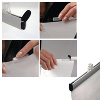 24" Wide Quick Change Banner Bar Set assembles easily. Flip open the finished end cap. Slide out, secure poster into clear poster clip clamps, then slide back into place.