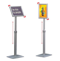 Adjustable Pedestal Floor Stand with Rotating and Tilting Sign Frame for 11” x 17” Menus, Posters and Signs