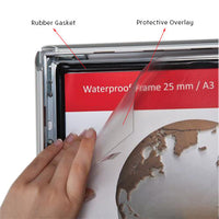 Protective Non-Glare Overlay is included with 24x36 Weatherproof Style Silver Snap Frame | Protect your Sign, Graphic or Photograph from Dust and Scratches, in addition to the rubber gaskets