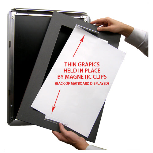 MAGNETIC CLAMPS ON BACK of 4" MATBOARD HOLD 10" x 20" POSTERS IN SNAP FRAME