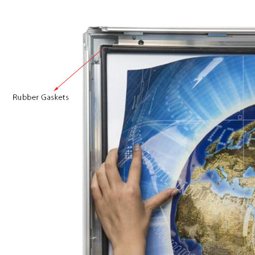 30" x 40" comes with RUBBER GASKETS to help prevent water and other liquid from reaching your graphic.