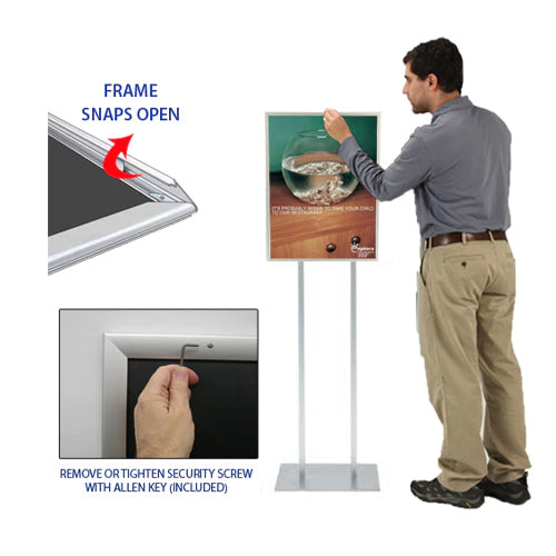 Double Pole Poster Floor Stand 16x20 Sign Holder with Security Screws on Snap Frame 1 1/4" Wide Aluminum Profile