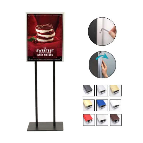 Double Pole Poster Floor Stand 16x20 Sign Holder with Security Screws on Snap Frame 1 1/4" Wide Aluminum Profile