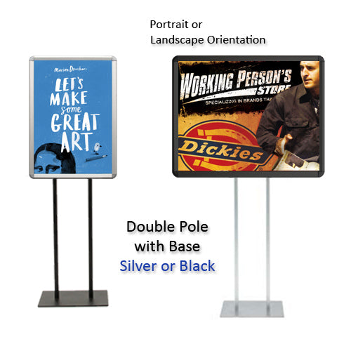 Double Pole Floor Stand 27x39 Sign Holder | Snap Frame (with Radius Corners)