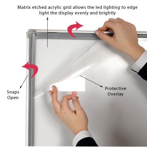 Protective Non-Glare Overlay is Included with 11x17 Illuminated Black Lightbox. This Protects Your Poster, Sign, Graphics and Photographs from Dust and Scratches. The Etched Matrix Acrylic Grid allows the LED Lighting to Edge-Light the display Evenly and Brightly.