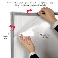 Protective Non-Glare Overlay is Included with 22x28 Illuminated Silver Lightbox. This Protects Your Poster, Sign, Graphics and Photographs from Dust and Scratches. The Etched Matrix Acrylic Grid allows the LED Lighting to Edge-Light the display Evenly and Brightly.